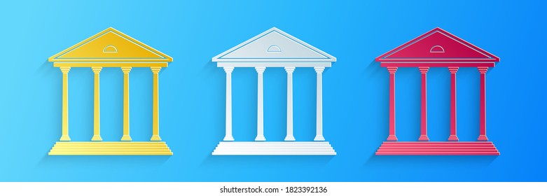 Paper cut Courthouse building icon isolated on blue background. Building bank or museum. Paper art style. Vector.