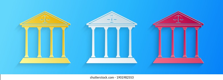 Paper cut Courthouse building icon isolated on blue background. Paper art style. Vector.