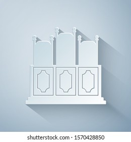 Paper cut Court's room with table icon isolated on grey background. Chairs icon. Paper art style. Vector Illustration