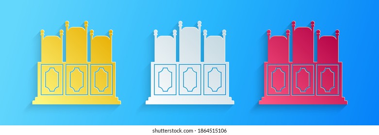 Paper cut Court's room with table icon isolated on blue background. Chairs icon. Paper art style. Vector.