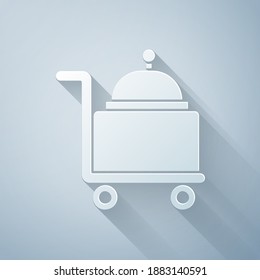 Paper cut Covered with a tray of food icon isolated on grey background. Tray and lid sign. Restaurant cloche with lid. Paper art style. Vector