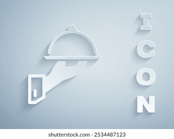 Paper cut Covered with a tray of food icon isolated on grey background. Tray and lid sign. Restaurant cloche with lid. Paper art style. Vector