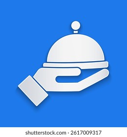 Paper cut Covered with a tray of food icon isolated on blue background. Tray and lid sign. Restaurant cloche with lid. Paper art style. Vector