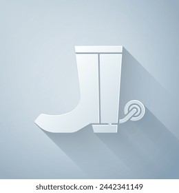 Paper cut Cowboy boot icon isolated on grey background. Paper art style. Vector