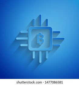 Paper cut CPU mining farm icon isolated on blue background. Bitcoin sign inside processor. Cryptocurrency mining community. Digital money. Paper art style. Vector Illustration