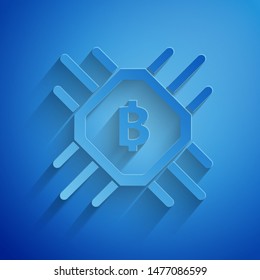 Paper cut CPU mining farm icon isolated on blue background. Bitcoin sign inside processor. Cryptocurrency mining community. Digital money. Paper art style. Vector Illustration