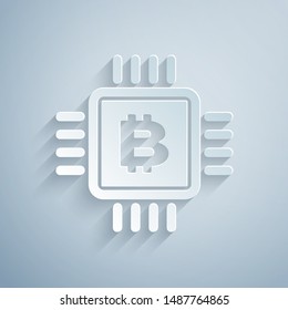 Paper cut CPU mining farm icon isolated on grey background. Bitcoin sign inside microchip. Cryptocurrency mining community. Digital money. Paper art style. Vector Illustration