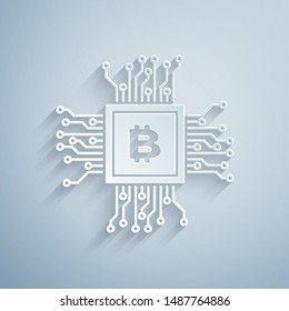 Paper cut CPU mining farm icon isolated on grey background. Bitcoin sign inside processor. Cryptocurrency mining community. Digital money. Paper art style. Vector Illustration