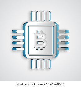 Paper cut CPU mining farm icon isolated on grey background. Bitcoin sign inside microchip. Cryptocurrency mining community. Digital money. Paper art style. Vector Illustration