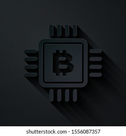 Paper cut CPU mining farm icon isolated on black background. Bitcoin sign inside microchip. Cryptocurrency mining community. Digital money. Paper art style. Vector Illustration