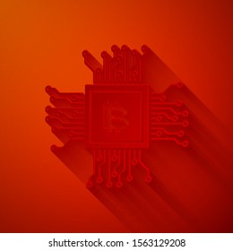 Paper cut CPU mining farm icon isolated on red background. Bitcoin sign inside processor. Cryptocurrency mining community. Digital money. Paper art style. Vector Illustration