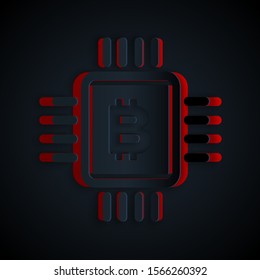 Paper cut CPU mining farm icon isolated on black background. Bitcoin sign inside microchip. Cryptocurrency mining community. Digital money. Paper art style. Vector Illustration