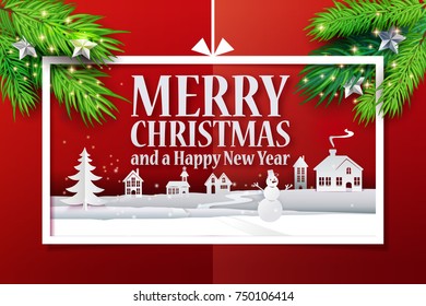 Paper cut and craft Christmas applique background with realistic christmas tree branches. Landscape with houses, snowman in Holiday banner. Vector illustration. Merry Xmas, Happy New Year