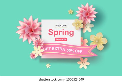 Paper cut and craft of Floral rectangle frame with place for text. Spring season concept with flowers blossom of pastel sweet tone color.Lovely flowers with colorful frame.vector illustration EPS10