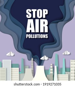 Paper cut craft style city skyline, smoke from air polluting factory chimney or thermal power plant. Stop air pollution vector poster template. Environmental problems, ecology.