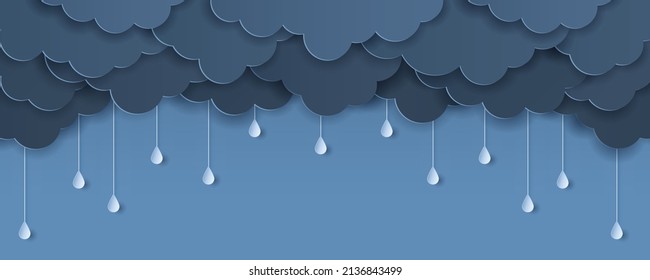 Paper Cut And Craft Style Of Cloud And  Rain Drops On Dark Background. Rainy Season. Vector Illustration.