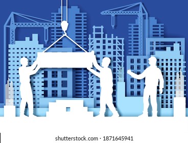 Lugar de construcción de estilo artesanal de corte de papel con grúas de torre, siluetas de trabajadores de constructores, ilustración vectorial. Fomento del desarrollo. Industria de la construcción.