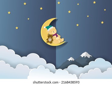 Paper cut and craft style with cute bear sleeping on the moon,vector illustration