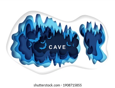 Paper cut craft style dark underground cave interior with bat silhouettes, vector illustration. Speleology or cave science, sport tourism, underground adventure. Geology.