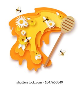 Paper cut craft style flowing honey, wooden dipper, cute bees flying over blooming flowers and collecting nectar. Vector illustration in paper art style. Beekeeping, organic honey product logo, label.