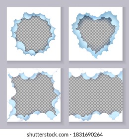 Paper cut craft style frame set, vector illustration. Hole in the sky. Heart, circular, square shaped holes in white fluffy clouds.