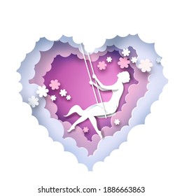 Paper cut craft style heart with young woman silhouette swinging on swing, vector illustration. Romantic girl. Valentine Day greeting card.