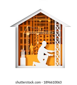 Paper cut craft style house with construction workers, tower cranes, city buildings silhouettes, vector illustration. Construction site, building industry.