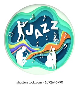 Paper cut craft style musicians silhouettes playing trumpet, saxophone and double bass, vector illustration. Jazz day, festival, night blues party, music concert.