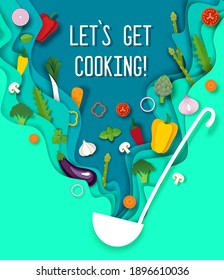 Paper cut craft style soup ladle with fresh vegetables, vector illustration. Healthy organic food. Cooking poster design template.