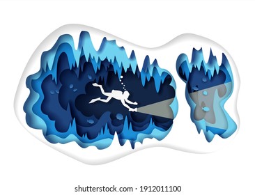 Estilo artesanal de papel bajo la cueva marina con peces y silueta de buceo nadando con linterna de buceo, ilustración vectorial. El paisaje submarino del mundo. Plantilla de diseño de carteles de buceo Scuba.