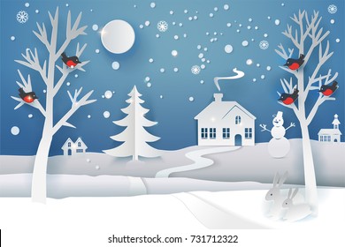 Paper cut and craft winter landscape with evergreen tree, house, snowman, moon and snowflakes. Holiday nature and christmas tree. Web banner. Vector illustration. Merry Xmas. Outdoor design