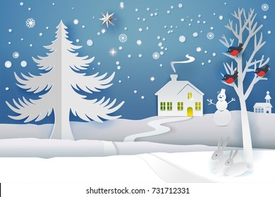 Paper cut and craft winter landscape with evergreen tree, house, snowman, moon and snowflakes. Holiday nature and christmas tree. Web banner. Vector illustration. Merry Xmas. Outdoor design