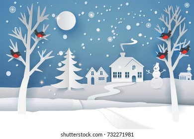 Paper cut and craft winter landscape with evergreen tree, house, snowman, moon and snowflakes. Holiday nature and christmas tree. Web banner. Vector illustration. Merry Xmas. Outdoor design