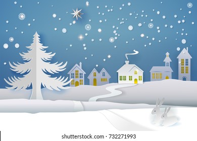 Paper cut and craft winter landscape with evergreen tree, house, snowman, moon and snowflakes. Holiday nature and christmas tree. Web banner. Vector illustration. Merry Xmas. Outdoor design