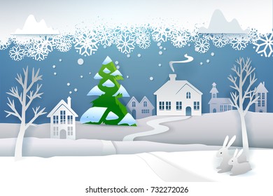 Paper cut and craft winter landscape with evergreen tree, house, snowman, moon and snowflakes. Holiday nature and christmas tree. Web banner. Vector illustration. Merry Xmas. Outdoor design