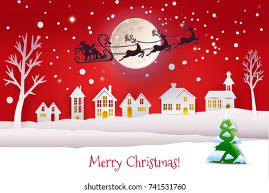 Paper cut and craft winter landscape with evergreen tree, houses, moon and Santa Claus silhouette flying with deers. Holiday Web banner. Red Night background. Vector illustration.