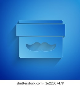 Paper cut Cream or lotion cosmetic jar icon isolated on blue background. Body care products for men. Paper art style. Vector Illustration