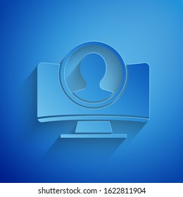 Paper cut Create account screen icon isolated on blue background. Paper art style. Vector Illustration