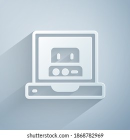 Paper cut Creating robot icon isolated on grey background. Artificial intelligence, machine learning, cloud computing. Paper art style. Vector