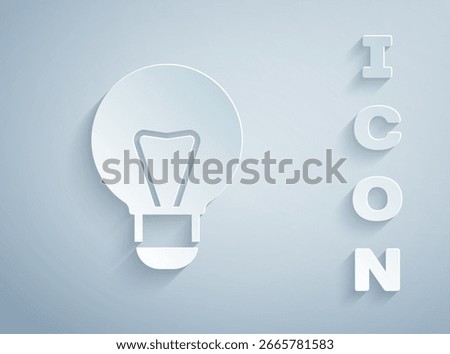 Paper cut Creative lamp light idea icon isolated on grey background. Concept ideas inspiration, invention, effective thinking, knowledge and education. Paper art style. Vector