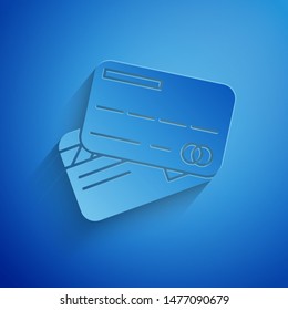 Paper cut Credit card icon isolated on blue background. Online payment. Cash withdrawal. Financial operations. Shopping sign. Paper art style. Vector Illustration