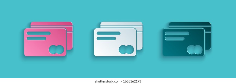 Paper cut Credit card icon isolated on blue background. Online payment. Cash withdrawal. Financial operations. Shopping sign. Paper art style. Vector Illustration