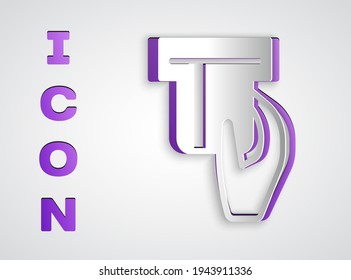Paper cut Credit card inserted in card reader icon isolated on grey background. ATM cash machine. Paper art style. Vector