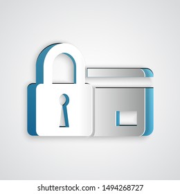 Paper cut Credit card with lock icon isolated on grey background. Locked bank card. Security, safety, protection concept. Concept of a safe payment. Paper art style. Vector Illustration