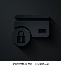 Paper cut Credit card with lock icon isolated on black background. Locked bank card. Security, safety, protection concept. Concept of a safe payment. Paper art style. Vector Illustration