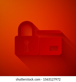 Paper cut Credit card with lock icon isolated on red background. Locked bank card. Security, safety, protection concept. Concept of a safe payment. Paper art style. Vector Illustration