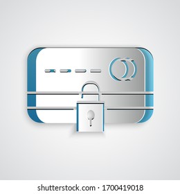 Paper cut Credit card with lock icon isolated on grey background. Locked bank card. Security, safety, protection. Concept of a safe payment. Paper art style. Vector Illustration