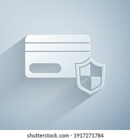 Paper cut Credit card with shield icon isolated on grey background. Online payment. Cash withdrawal. Financial operations. Shopping sign. Paper art style. Vector