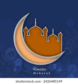 Paper Cut Crescent Moon with mosque on Blue Floral Background for Ramadan Mubarak Concept.