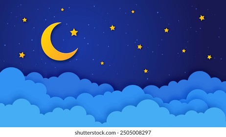 Paper cut crescent moon night sky vector background with cartoon stars and 3d origami clouds. Dreams, space, Ramadan and weather banner of night sky with golden moon, stars and wavy paper cut border